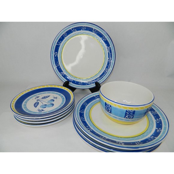 The Cellar Blue White Yellow Soup Cereal Bowl Diamond Vine Stripe Italy Inspired - Picture 7 of 7